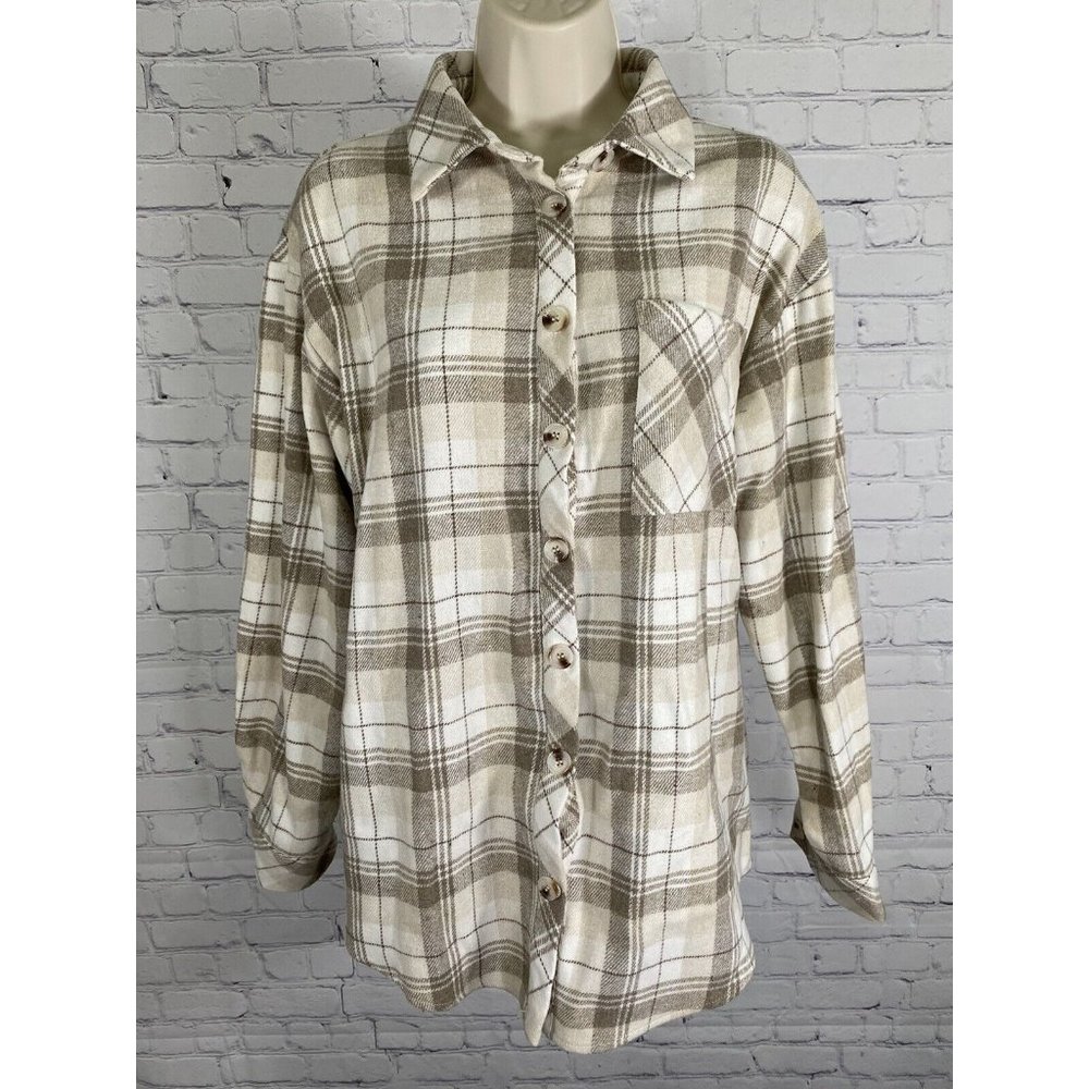 NWT THATSSOFETCH Beige Brown Plaid Denver Flannel Button Up Long Sleeve Shirt 6